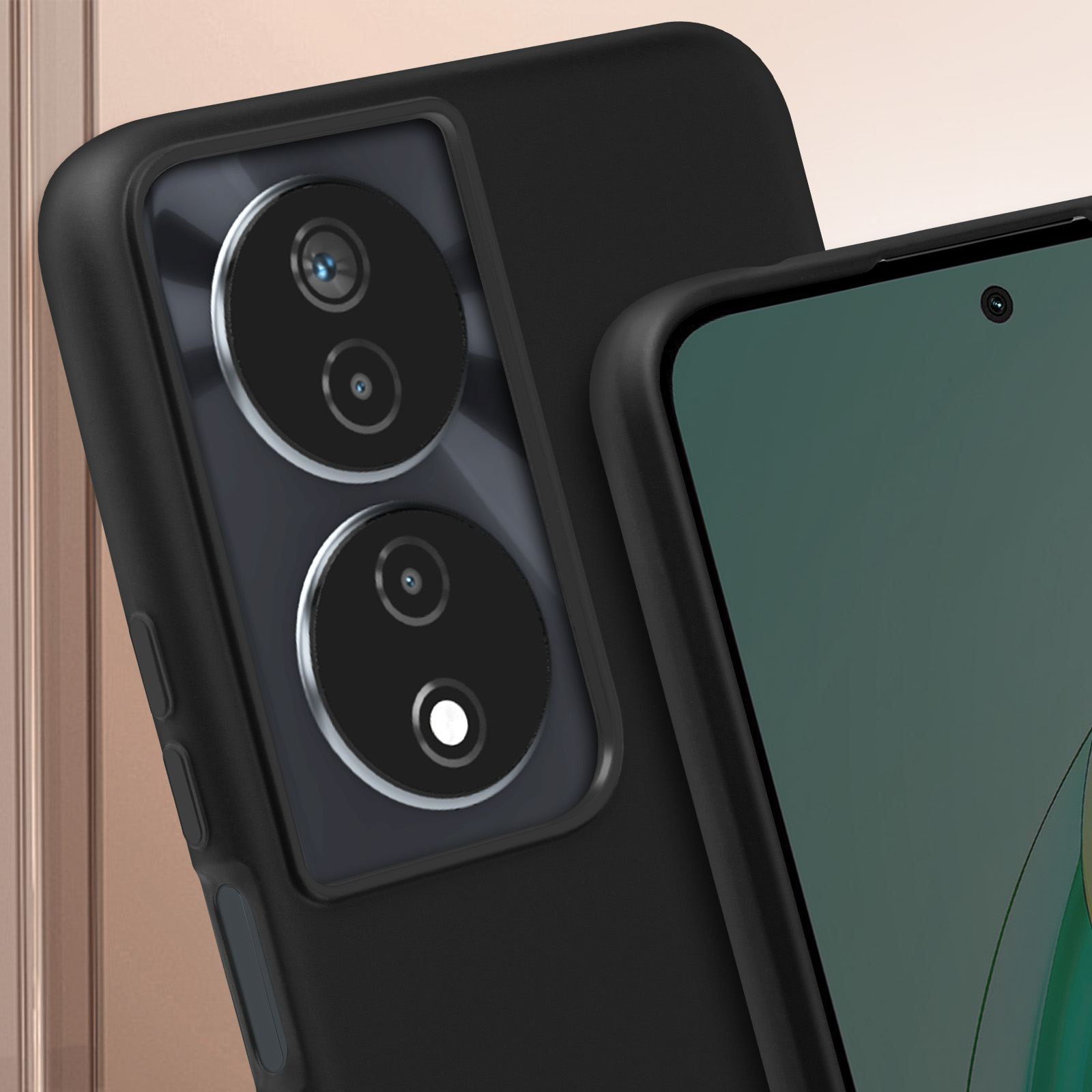 Schwarze Telefonhülle mit Kameralinsen. Ein Telefon ist rechts. Der Hintergrund ist verschwommen.