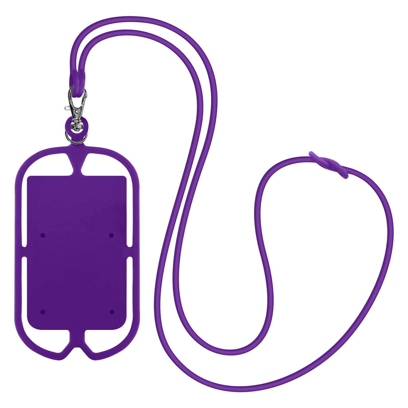 Supporto e cordino per telefono viola. Il supporto ha una forma ritagliata.