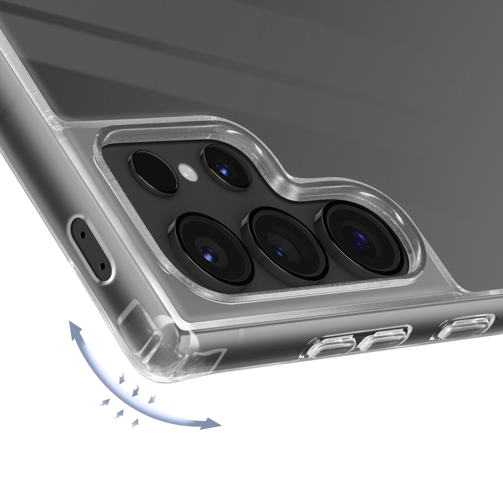 Custodia trasparente per telefono con primo piano del modulo fotocamera e frecce. Isolato su bianco.