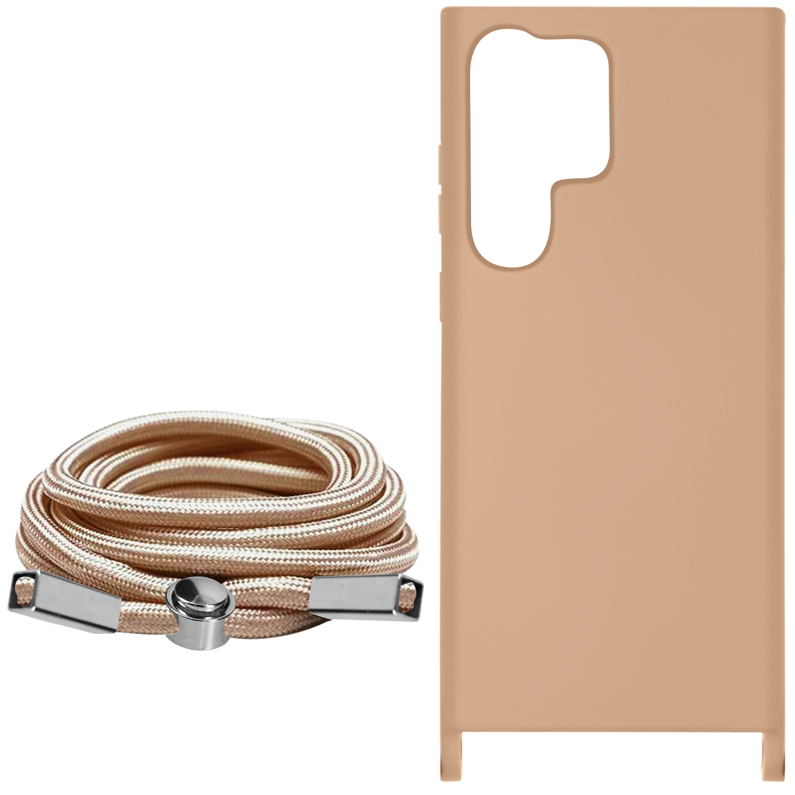 Una custodia per telefono e un cordino sono mostrati. La custodia è beige. Lo sfondo è bianco.