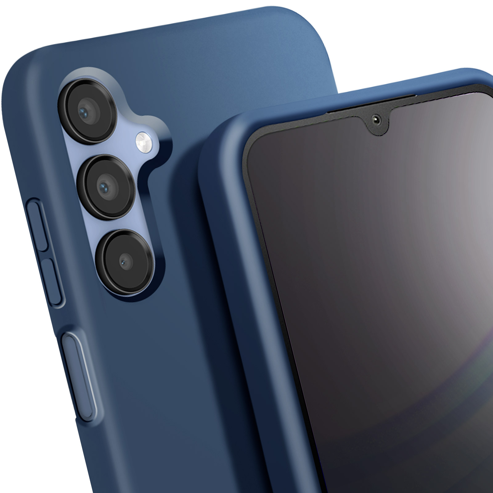 Primo piano di una custodia blu per telefono con fotocamere. Un'altra custodia è dietro.