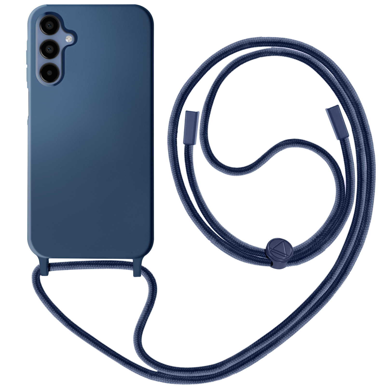 Custodia blu per telefono con cordino blu abbinato e connettore in metallo blu, isolata su bianco.