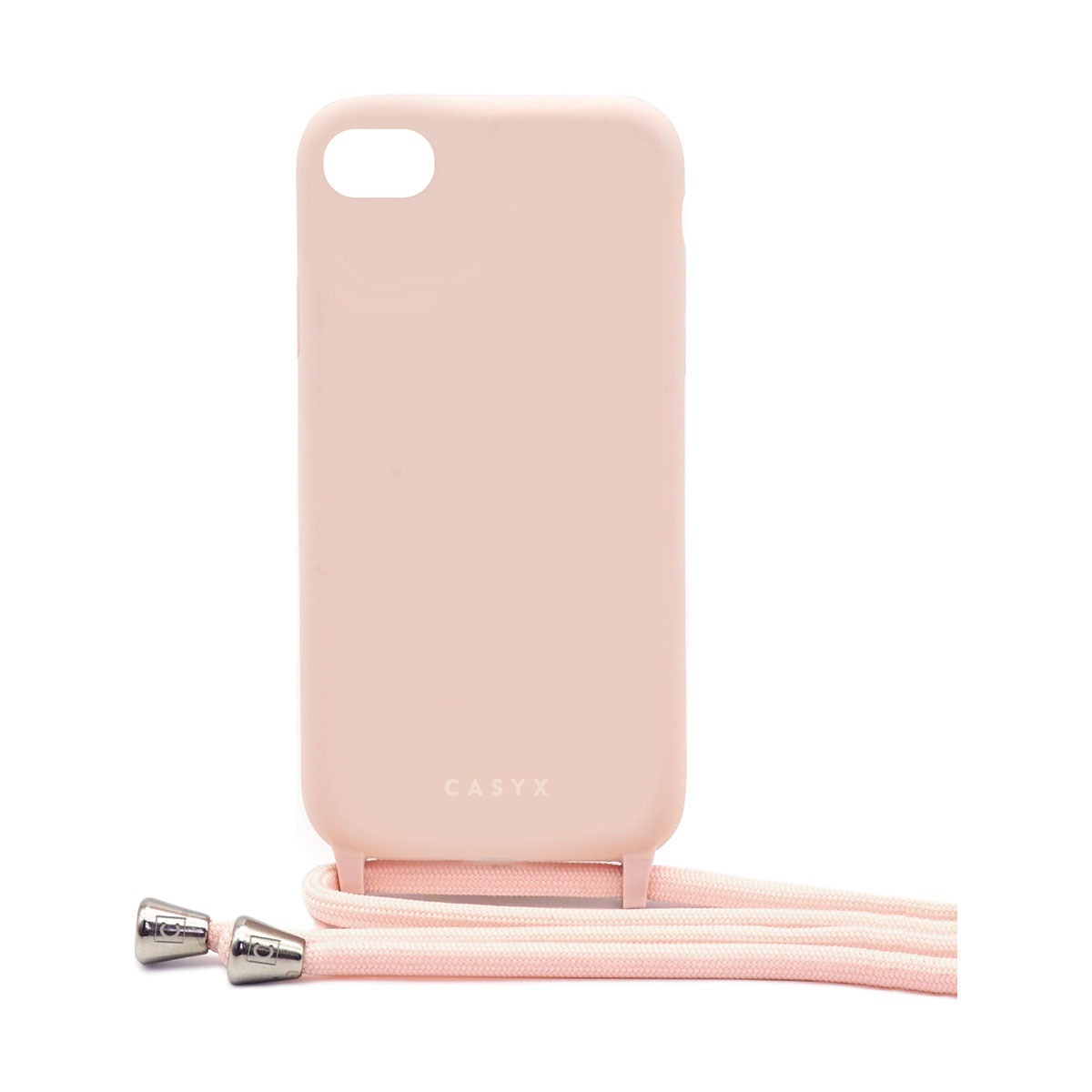 Custodia rosa con cordino rosa. Dettagli argento. Sfondo bianco.