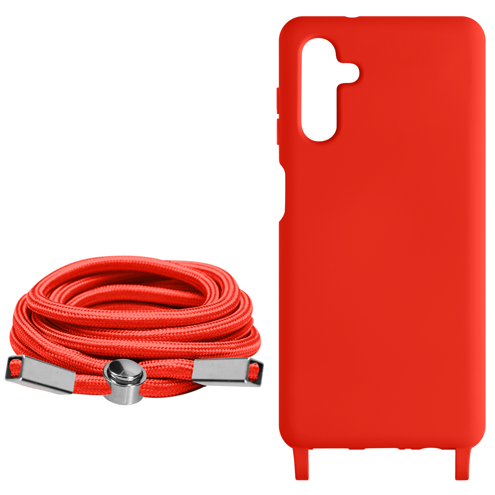 Custodia per telefono rossa e cordino intrecciato rosso con chiusure argentate.