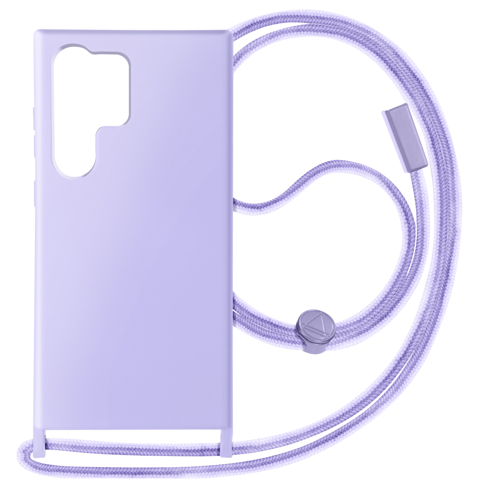 Custodia per telefono viola con un cordino viola e bianco.