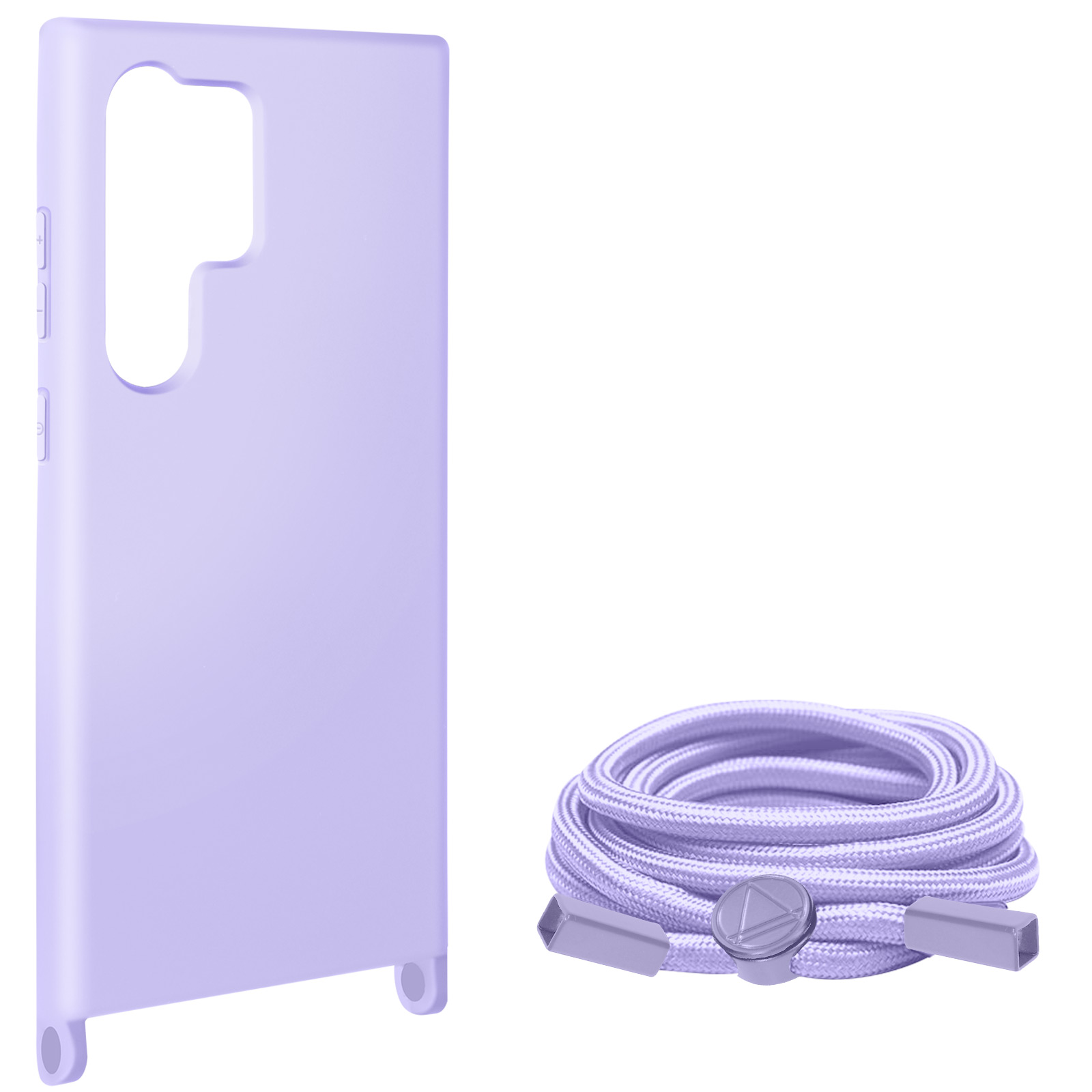 Custodia e cinturino per telefono lavanda con cordino viola chiaro e dettagli argentati.