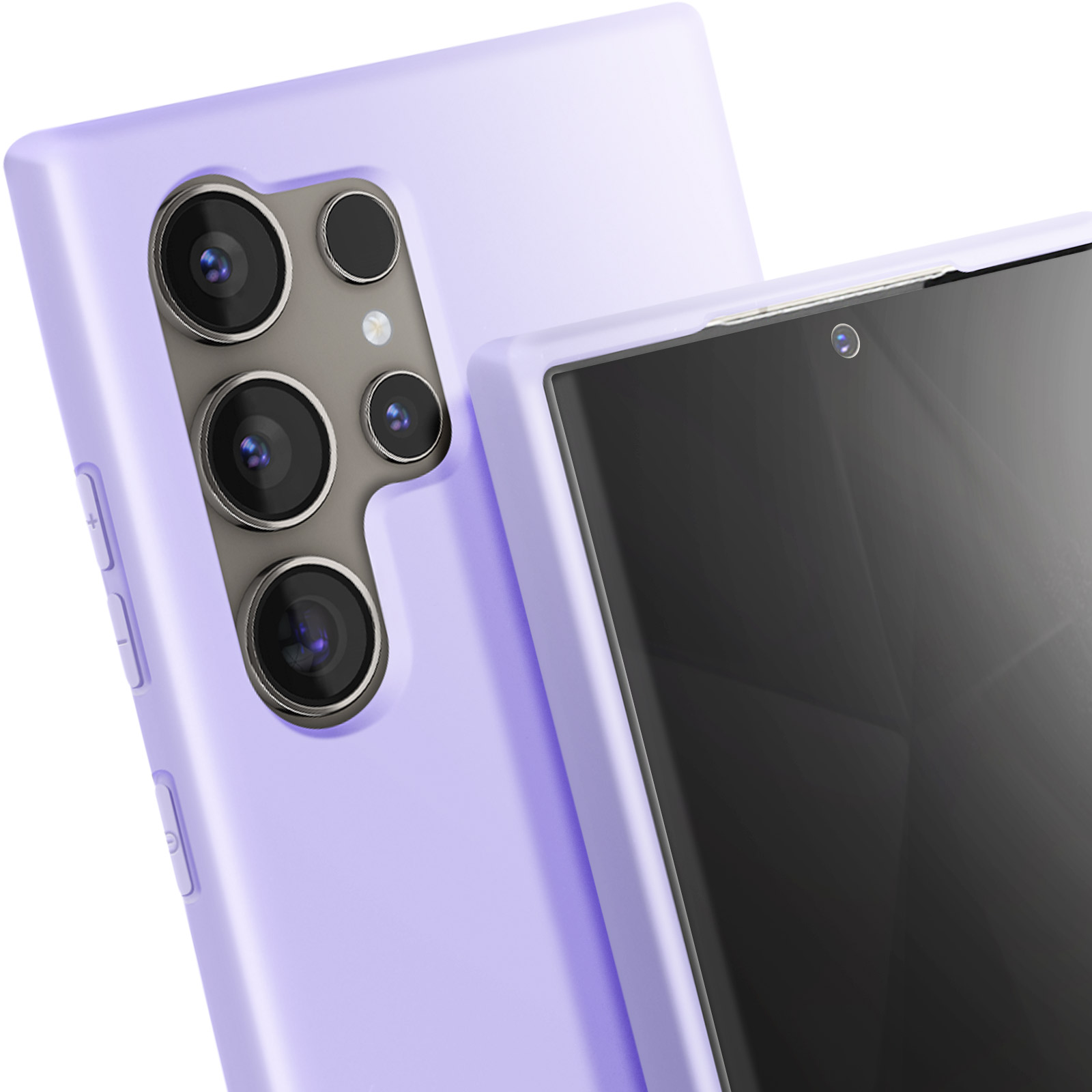Una custodia per telefono viola con obiettivi della fotocamera, esposta su uno sfondo sfocato.
