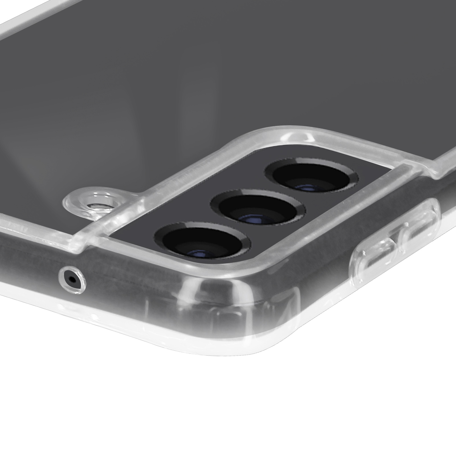 Primo piano delle lenti della fotocamera posteriore di un telefono, con una custodia trasparente.