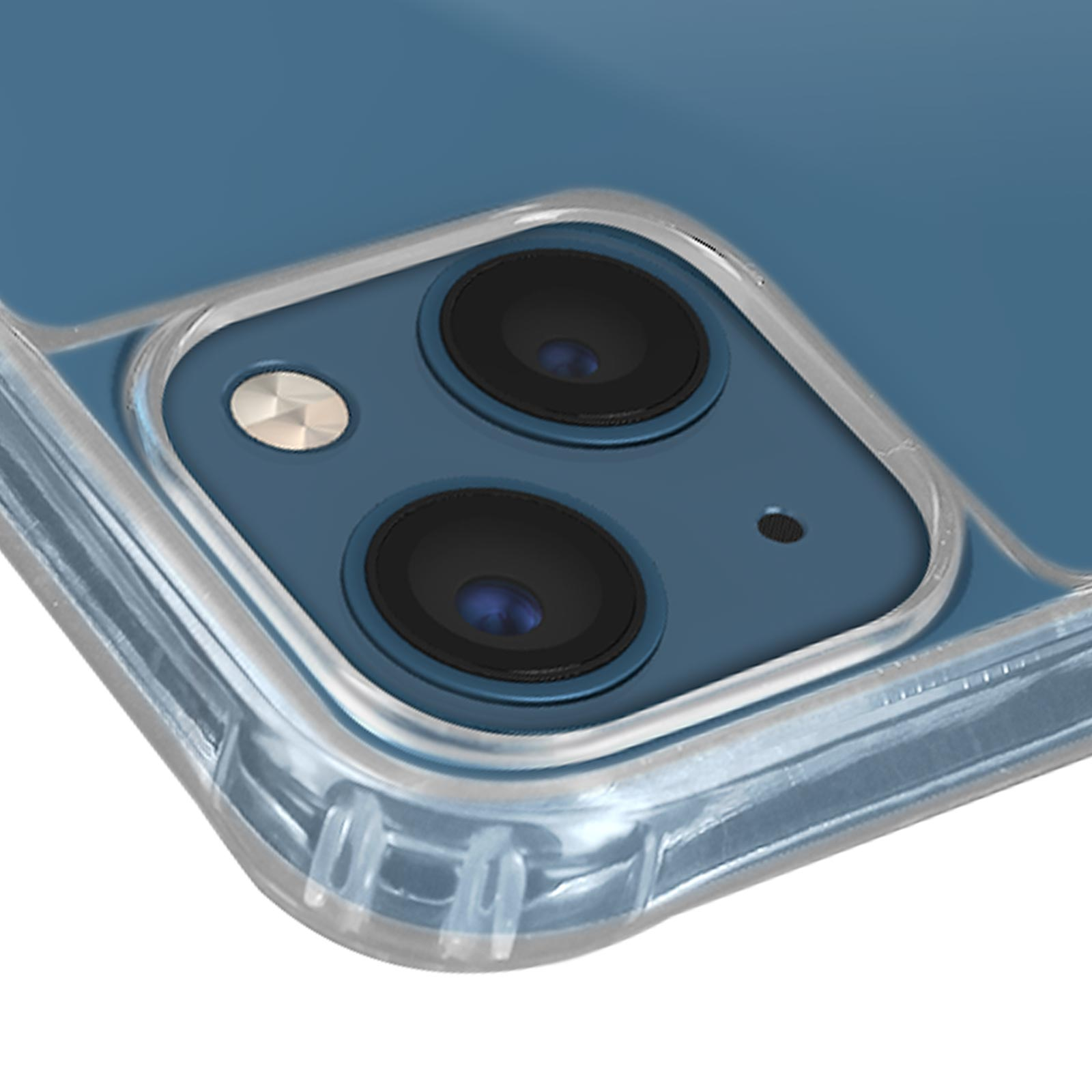 Primo piano delle lenti della fotocamera di un telefono in una custodia trasparente. Lenti nere.