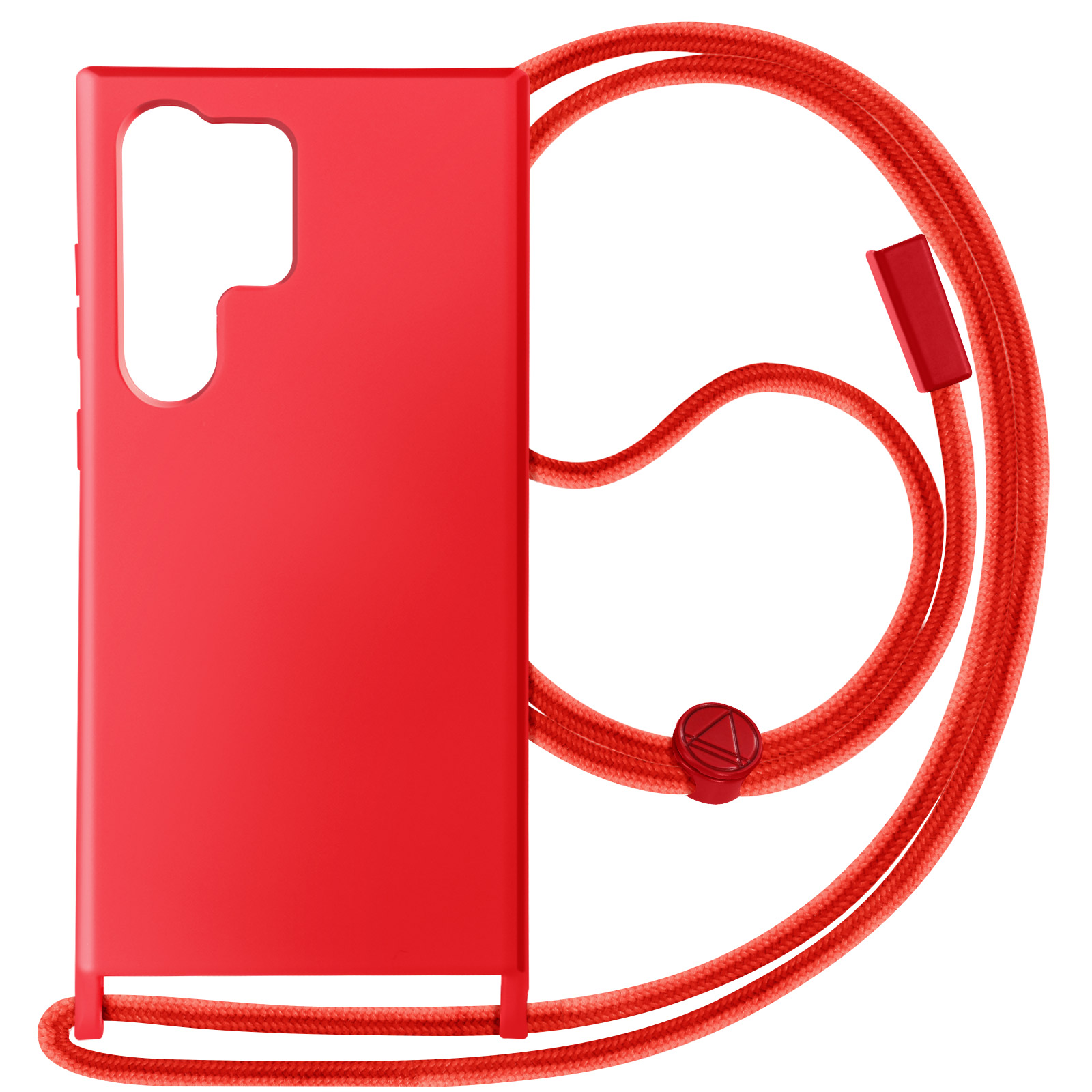 Custodia rossa con cordino rosso. Dettagli rossi. Sfondo bianco.