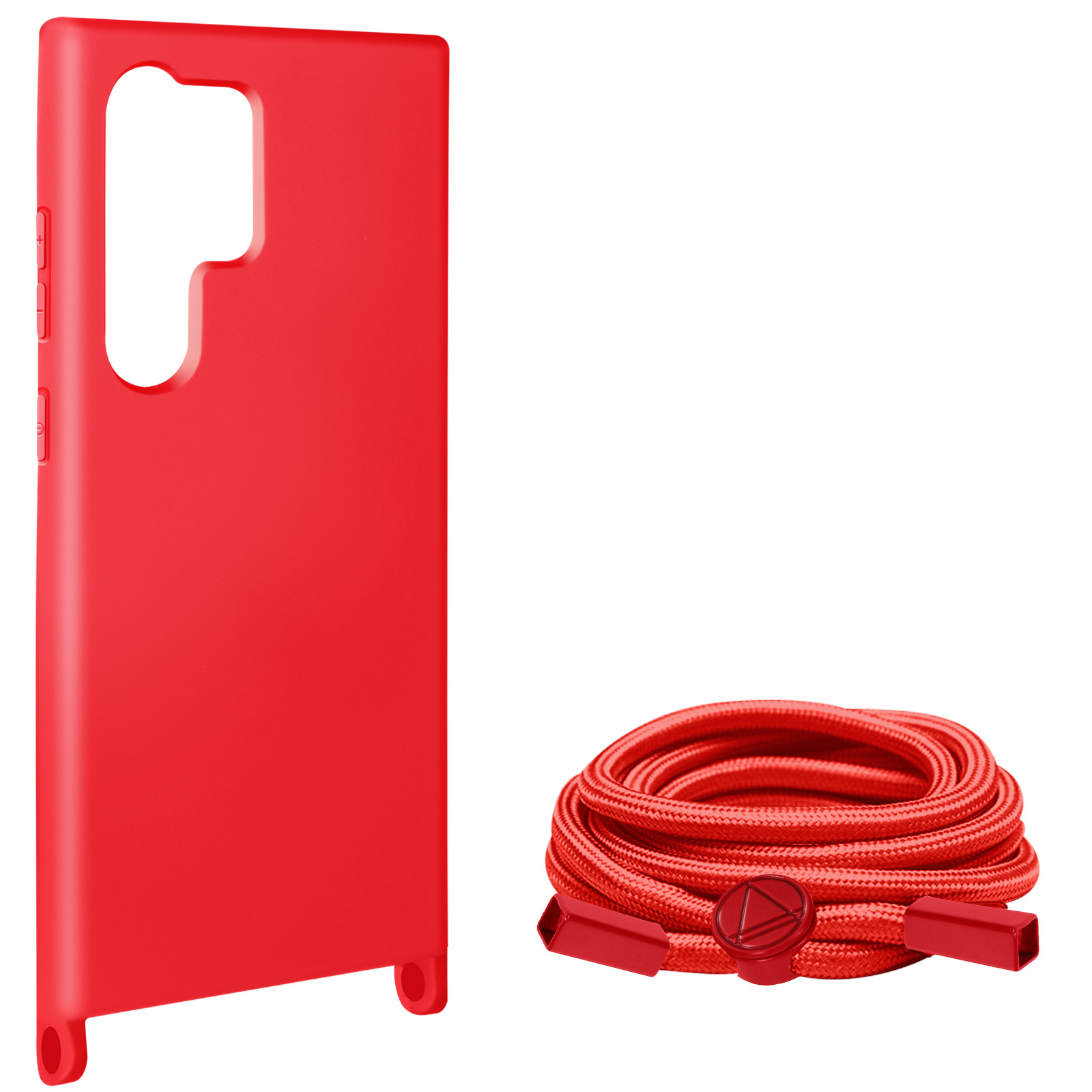 Custodia per telefono rossa e cordino rosso. Entrambi sono lisci e hanno un design semplice.