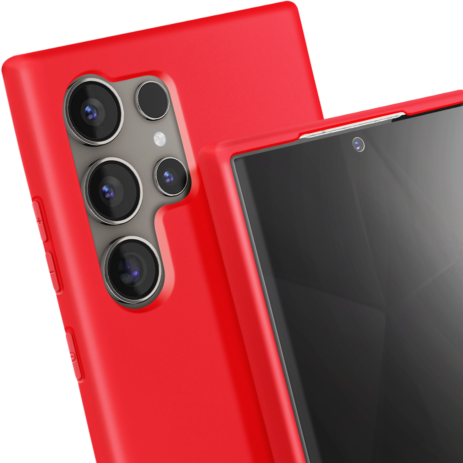 Custodia rossa per telefono con protuberanza della fotocamera. Un'altra custodia rossa dietro.