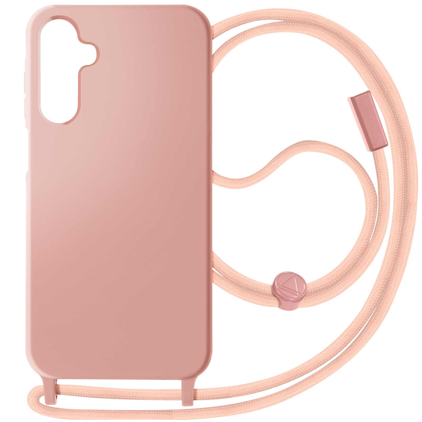 Custodia rosa per telefono con cinturino rosa, design semplice, sfondo rosa chiaro.