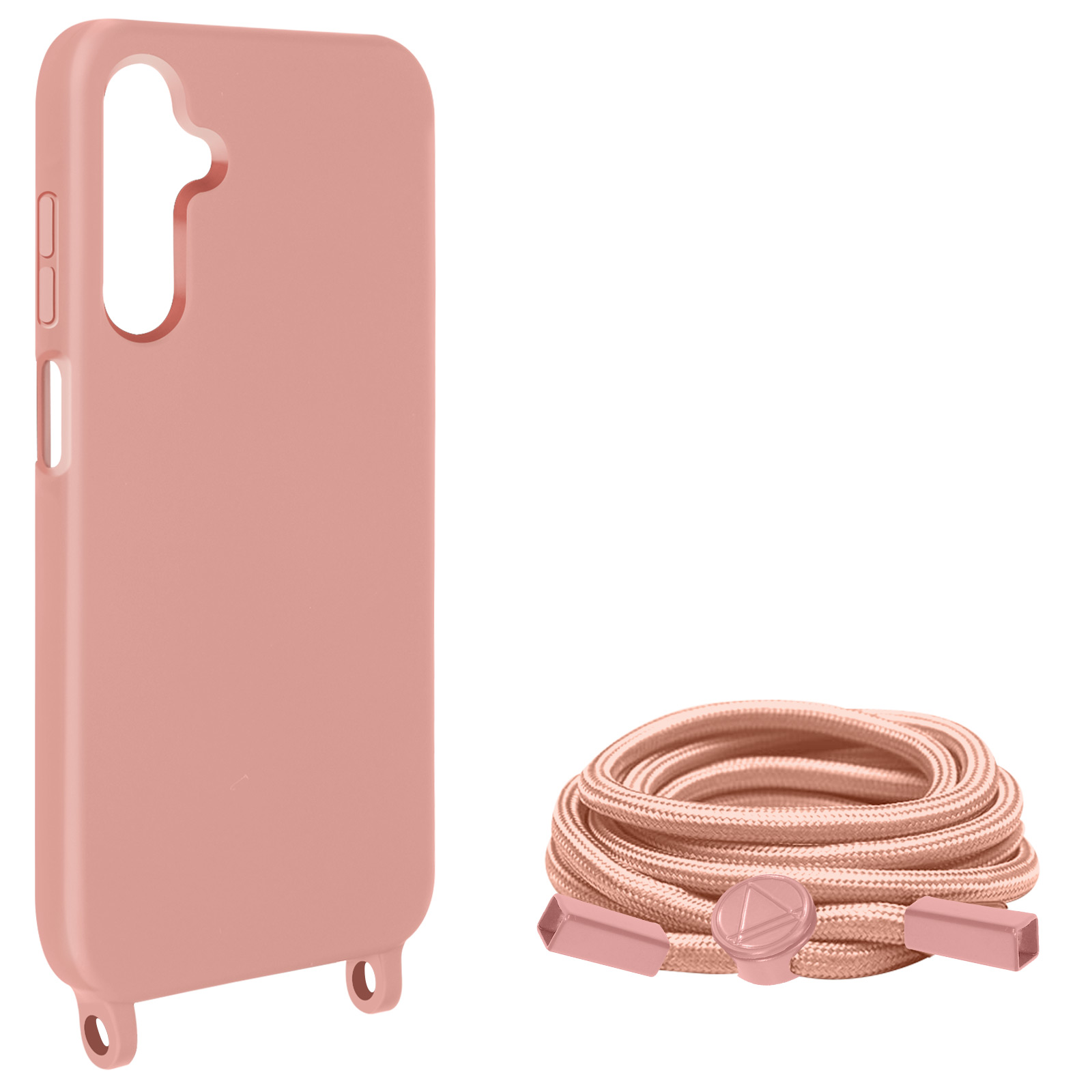 Custodia per telefono rosa e cordino rosa abbinato. Sfondo bianco.