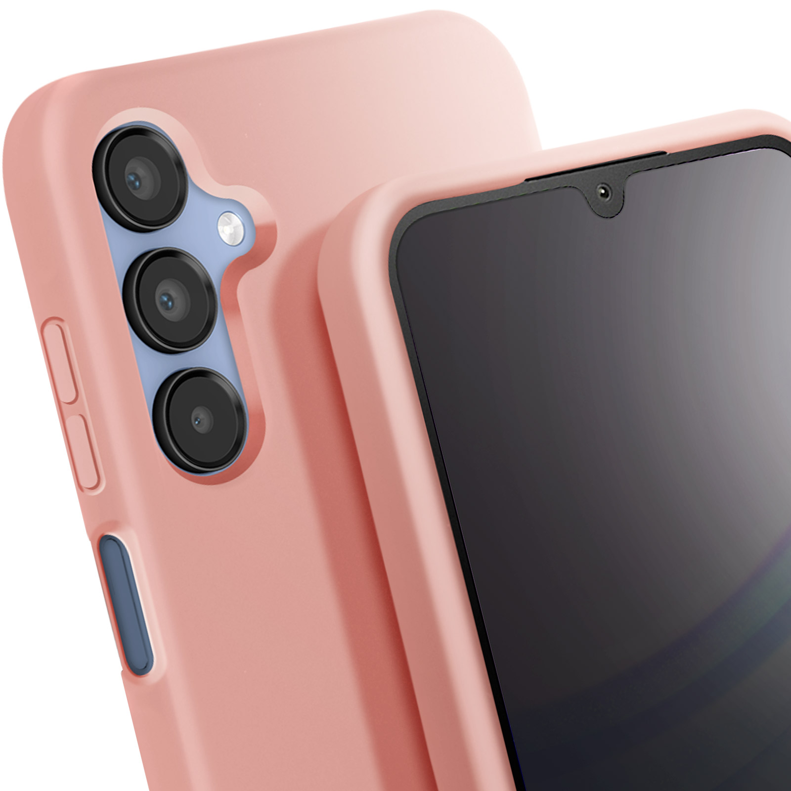Custodia per telefono rosa con design a tre fotocamere. Un'altra custodia sullo sfondo.