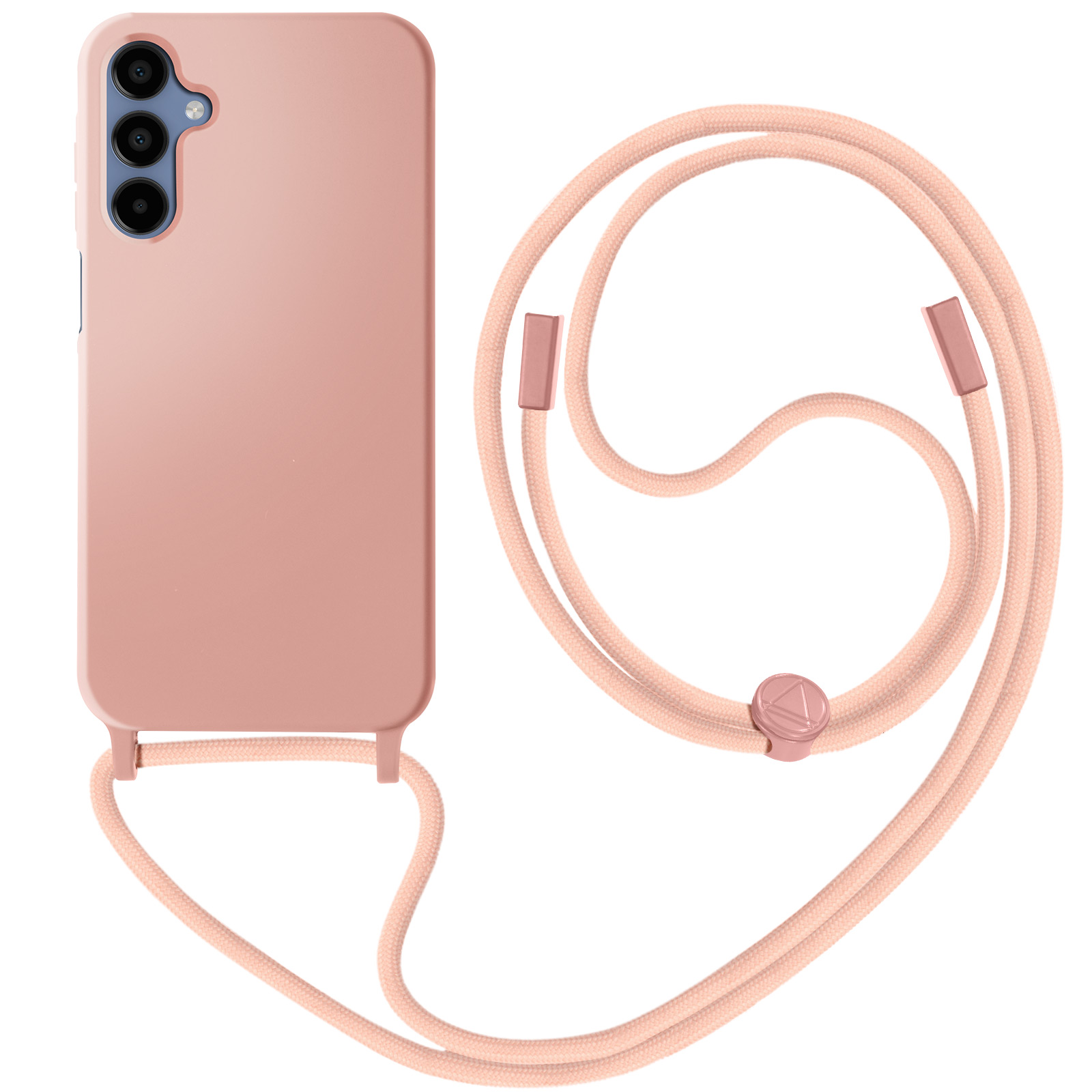 Telefono rosa con cordino rosa, su superficie bianca, accanto alla custodia rosa.