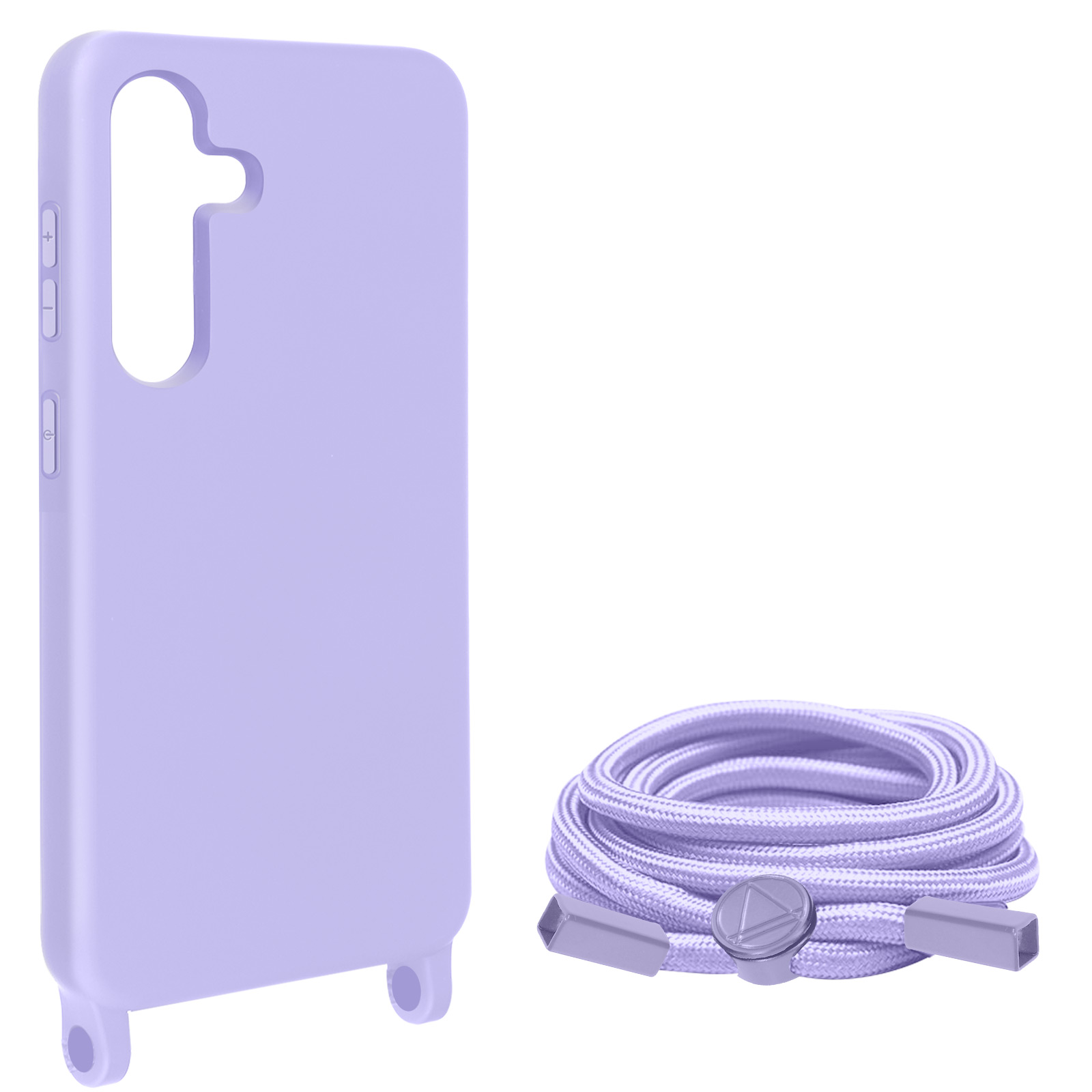 Custodia per telefono lilla con cordino lilla e bianco. La custodia ha fotocamera e pulsanti.