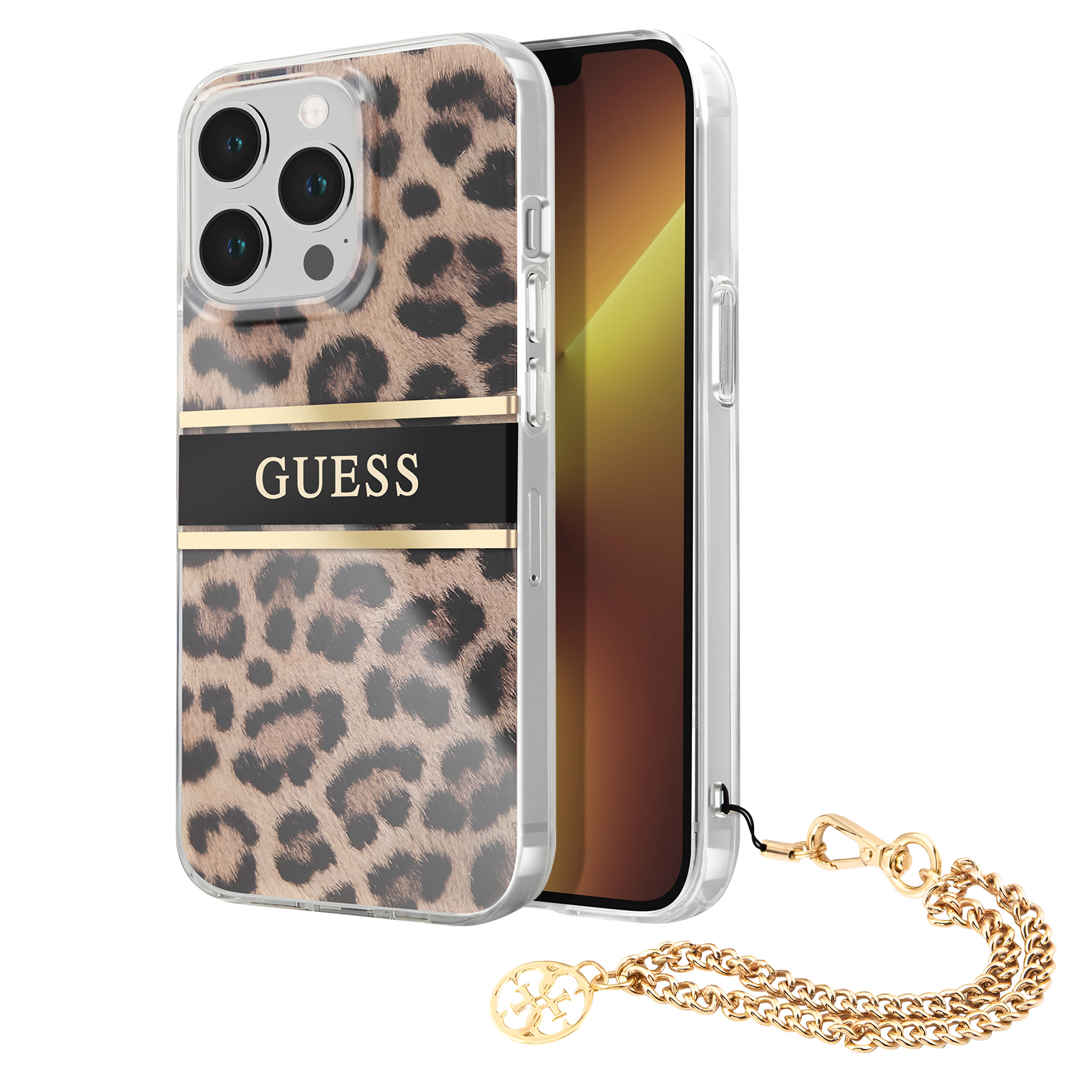 Custodia con stampa leopardata e catena dorata con ciondolo logo dorato.
