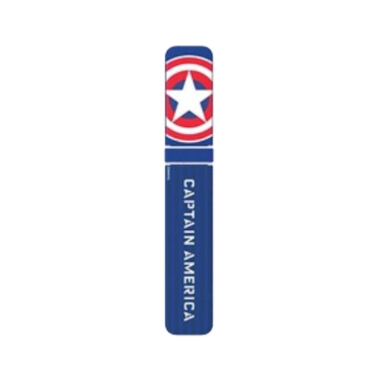 Custodia per telefono di Captain America. La custodia è blu con il logo dello scudo di Captain America e la scritta 'CAPTAIN AMERICA'.