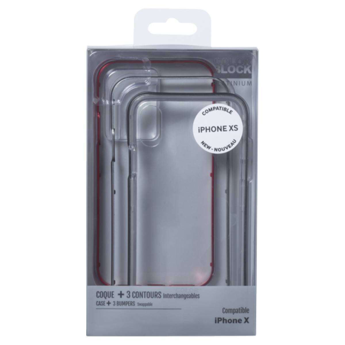 Embalaje de funda de teléfono transparente. Contiene fundas transparentes con detalles en rojo, compatible con iPhone XS y iPhone X.