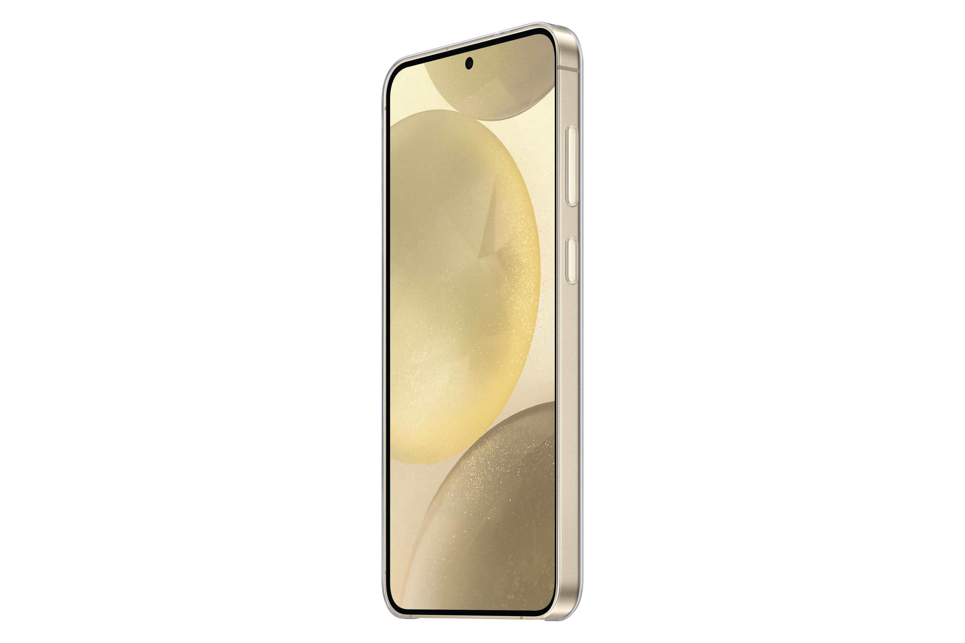 Złoty smartfon, widok z boku. Zaokrąglone krawędzie, złoty kolor. Białe tło.