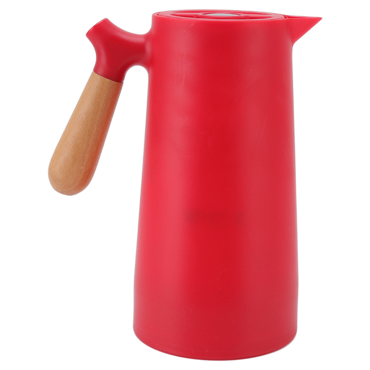 Eine rote Thermoskanne mit Holzgriff und Ausguss.
