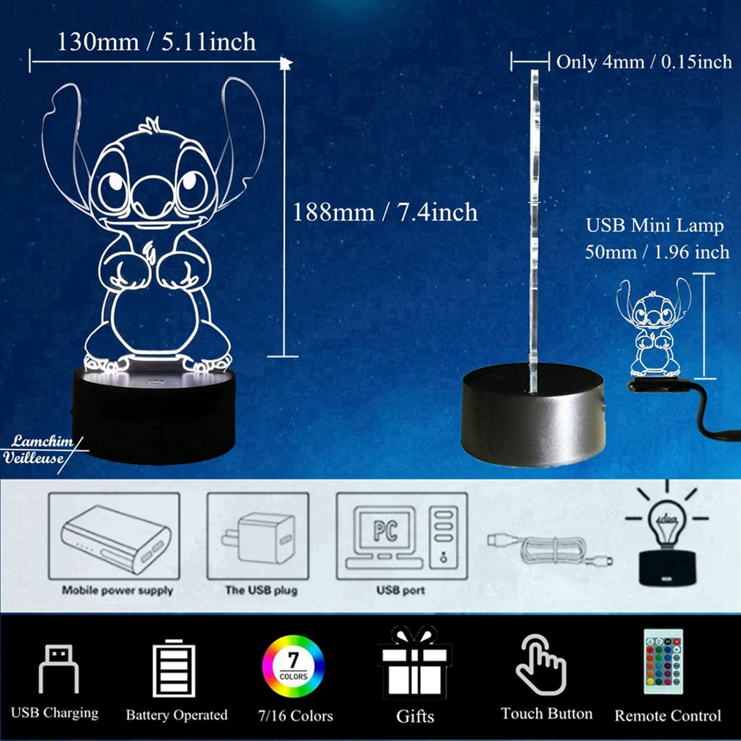 Stitch-Lampe mit Maßen und Symbolen für USB-Aufladung und andere Funktionen.