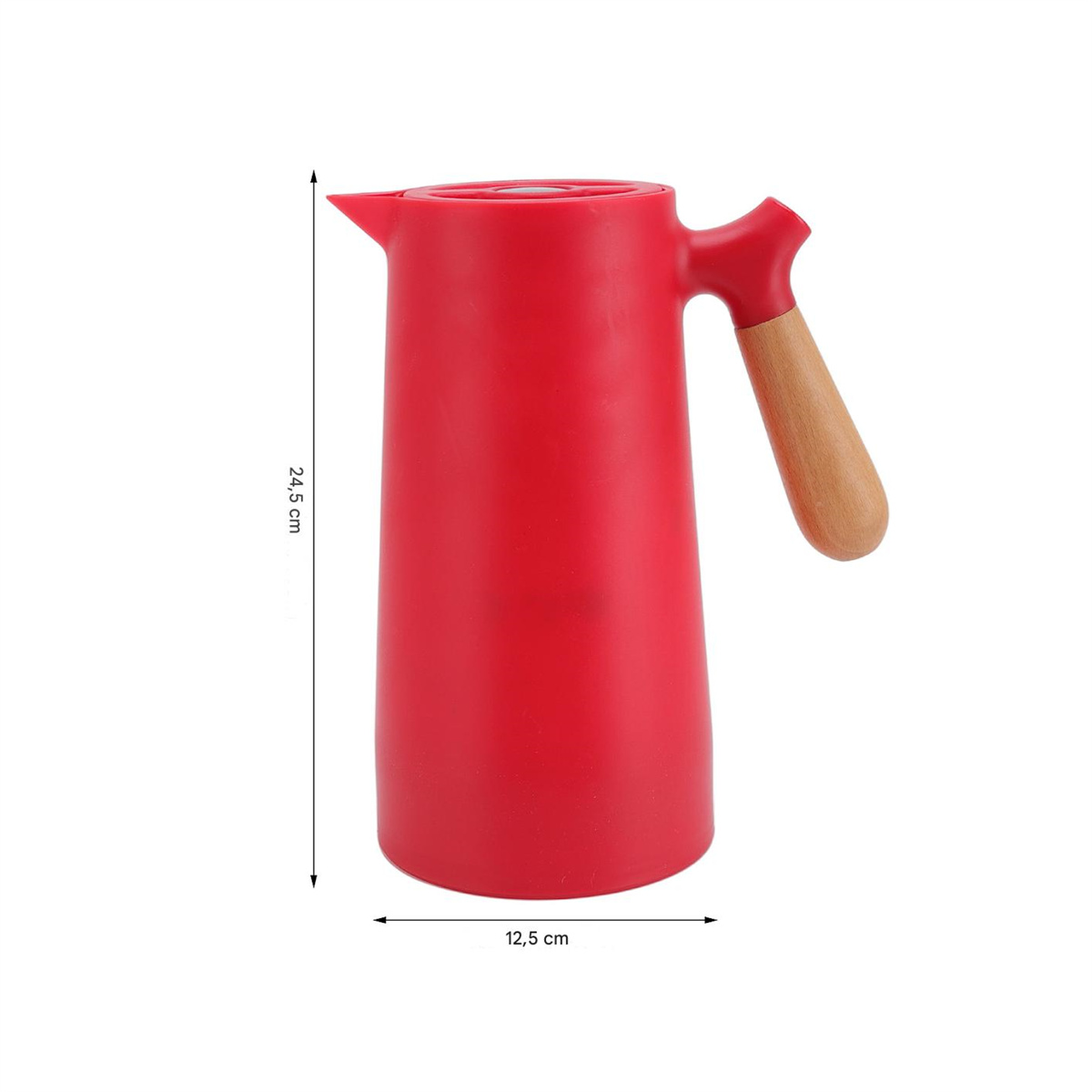 Rote Thermoskanne mit Holzgriff. Abmessungen sind markiert, 24,5 cm hoch, 12,5 cm breit.