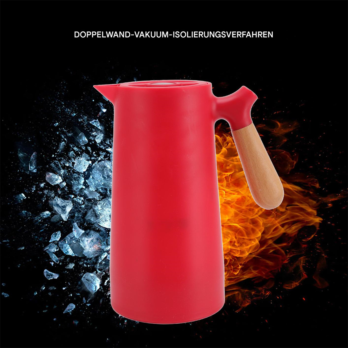 Eine rote Thermoskanne mit Holzgriff, vor einem Flammen- und Eis-Hintergrund.