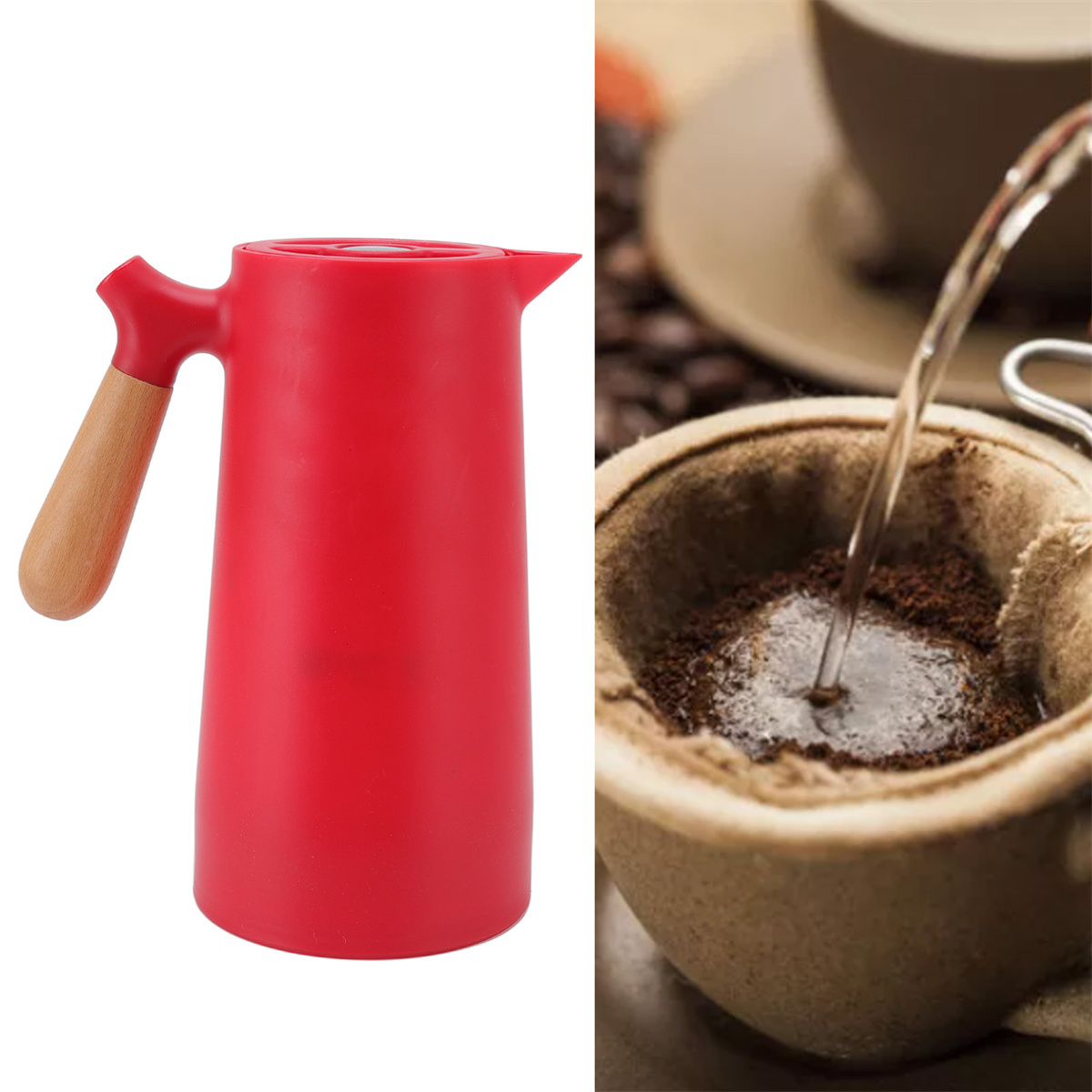Roter Thermosbehälter und ein Filter, in den Kaffeepulver gegossen wird.