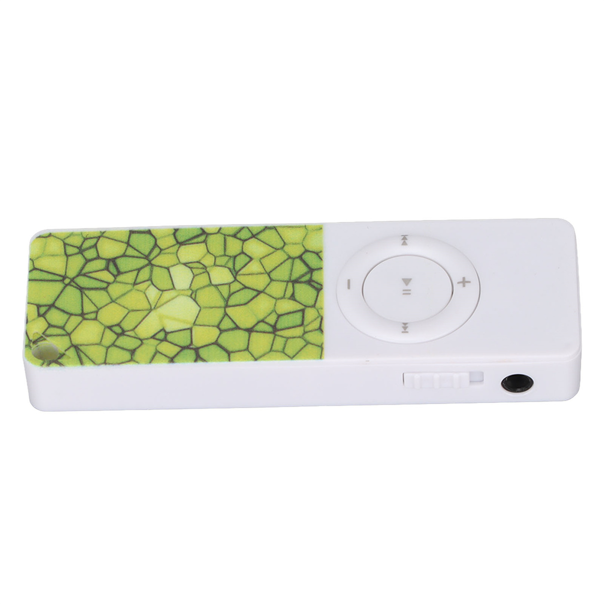 Weißer und grüner MP3-Player mit kreisförmiger Steuerung. Hat ein Display und Seitentasten.