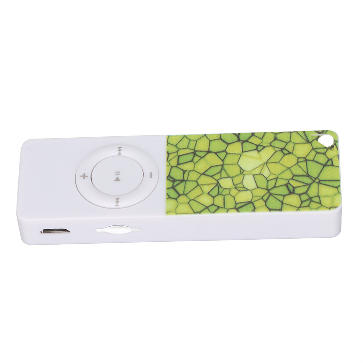Ein weißer MP3-Player mit grünem Muster und Steuertasten.