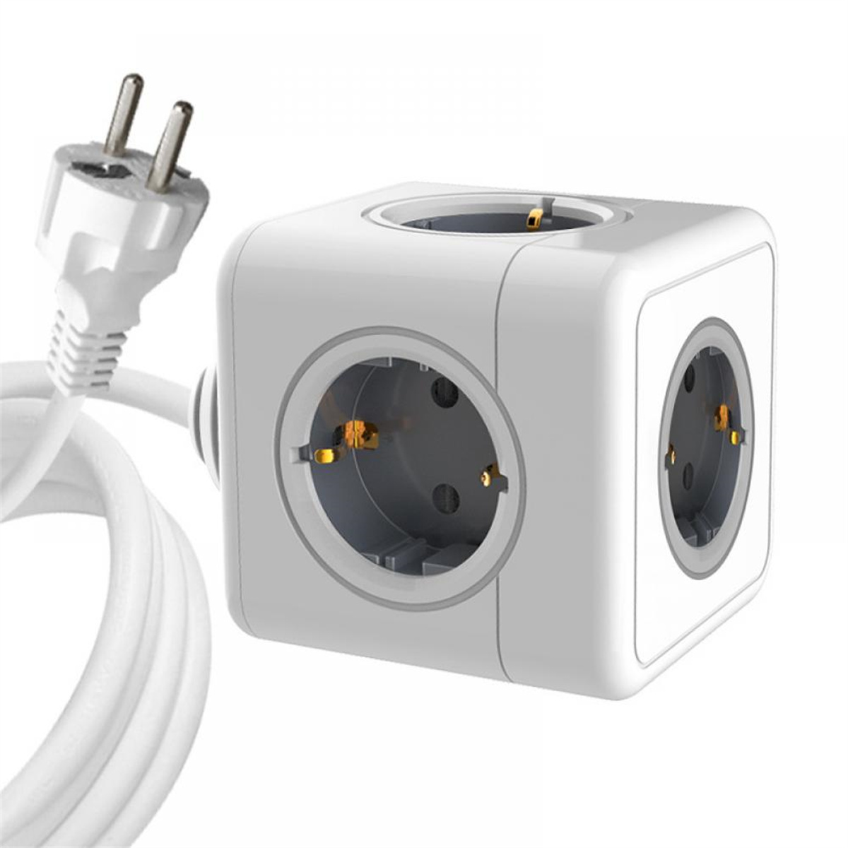 Weißer würfelförmiger Steckeradapter mit mehreren Steckdosen und weißem Netzkabel mit Stecker.