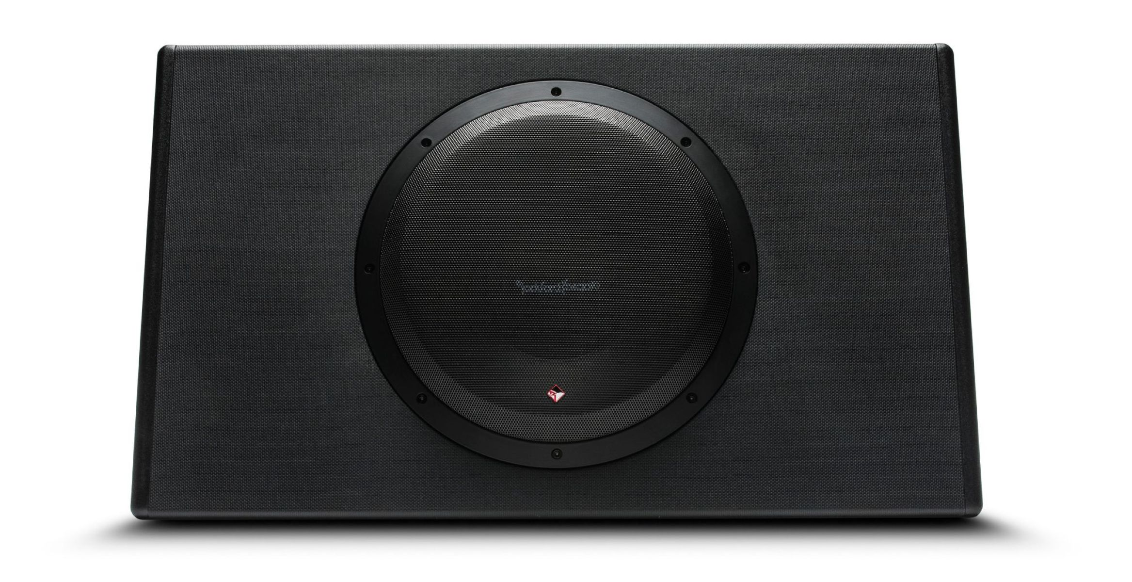 Ein schwarzer rechteckiger Subwoofer-Lautsprecher. Ein runder Lautsprecher befindet sich in der Mitte.