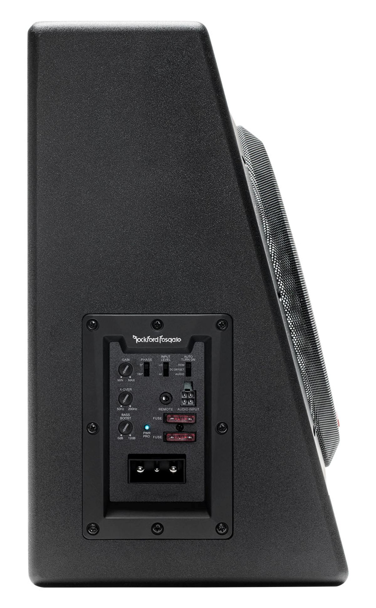 Ein schwarzer Subwoofer-Lautsprecher mit Bedienelementen und einem Gitter. Seitenansicht, isoliert.