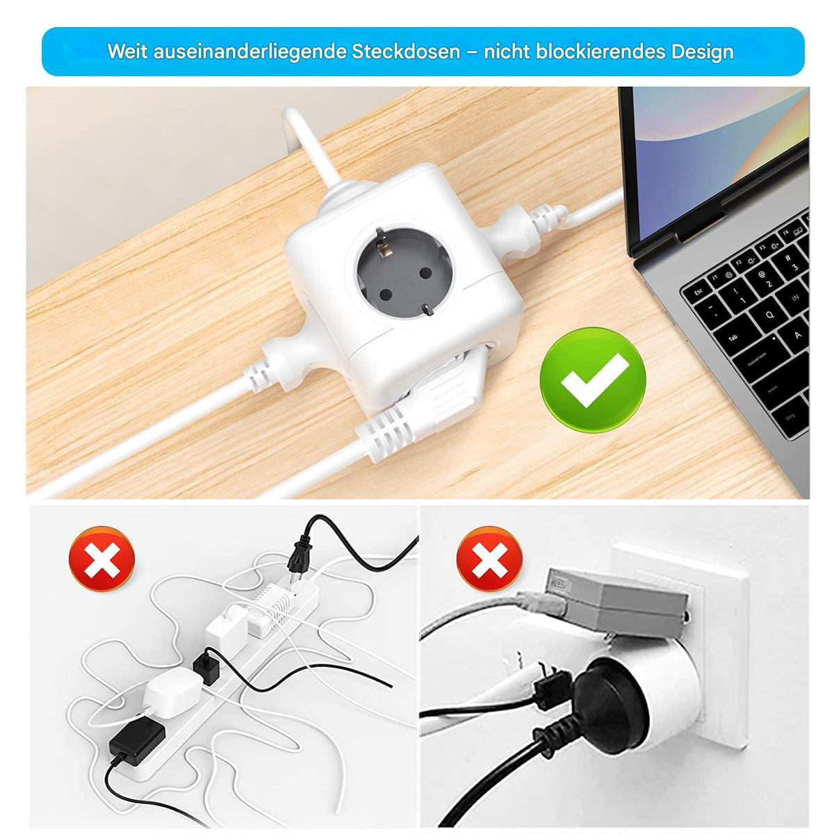 Weiße Steckdosenleiste mit mehreren Steckdosen und ein Laptop auf einem Schreibtisch.