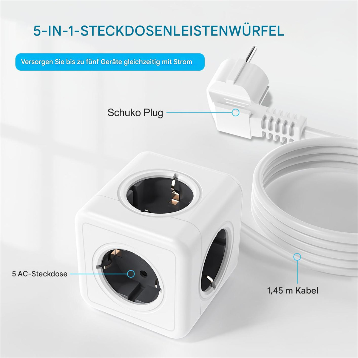 Weißer Stromwürfel mit 5 Steckdosen, Schuko-Stecker und 1,45 m Kabel. Text kennzeichnet Funktionen.