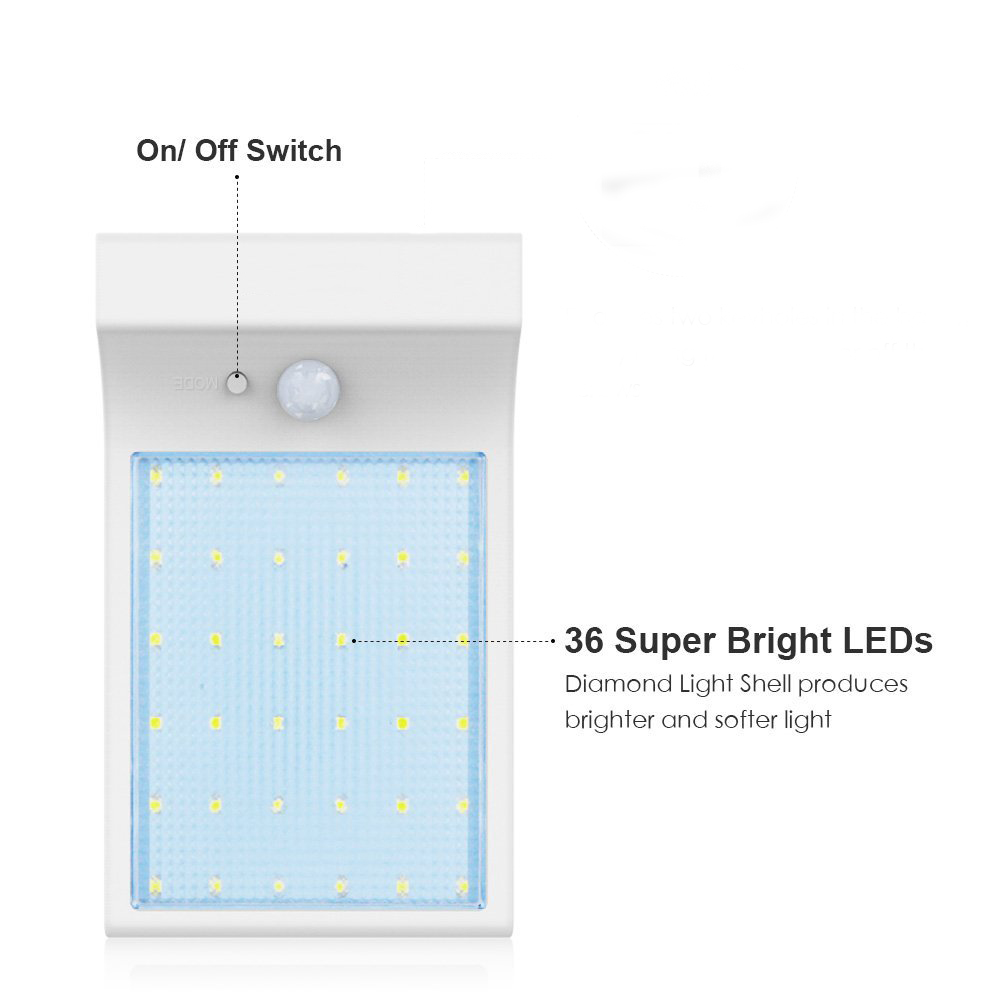 Ein weißes Solarlicht mit LEDs. Text: 36 superhelle LEDs.