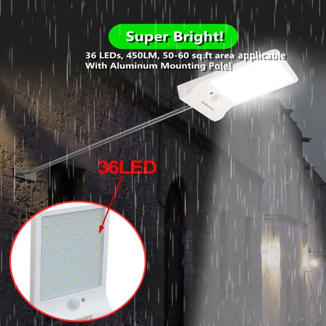 Eine solarbetriebene Außenleuchte mit hellem Licht und einem regenbedeckten Hintergrund.