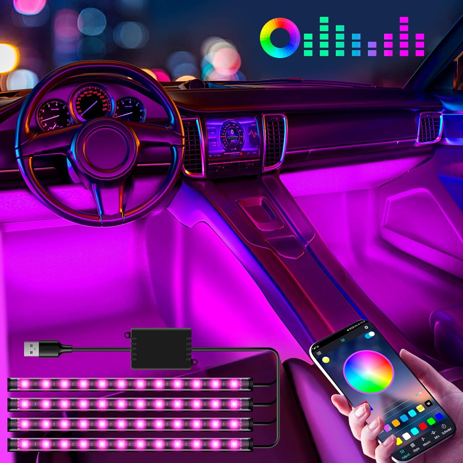 Autoinnenraum mit violetter Ambientebeleuchtung und Smartphone mit Farbrad.
