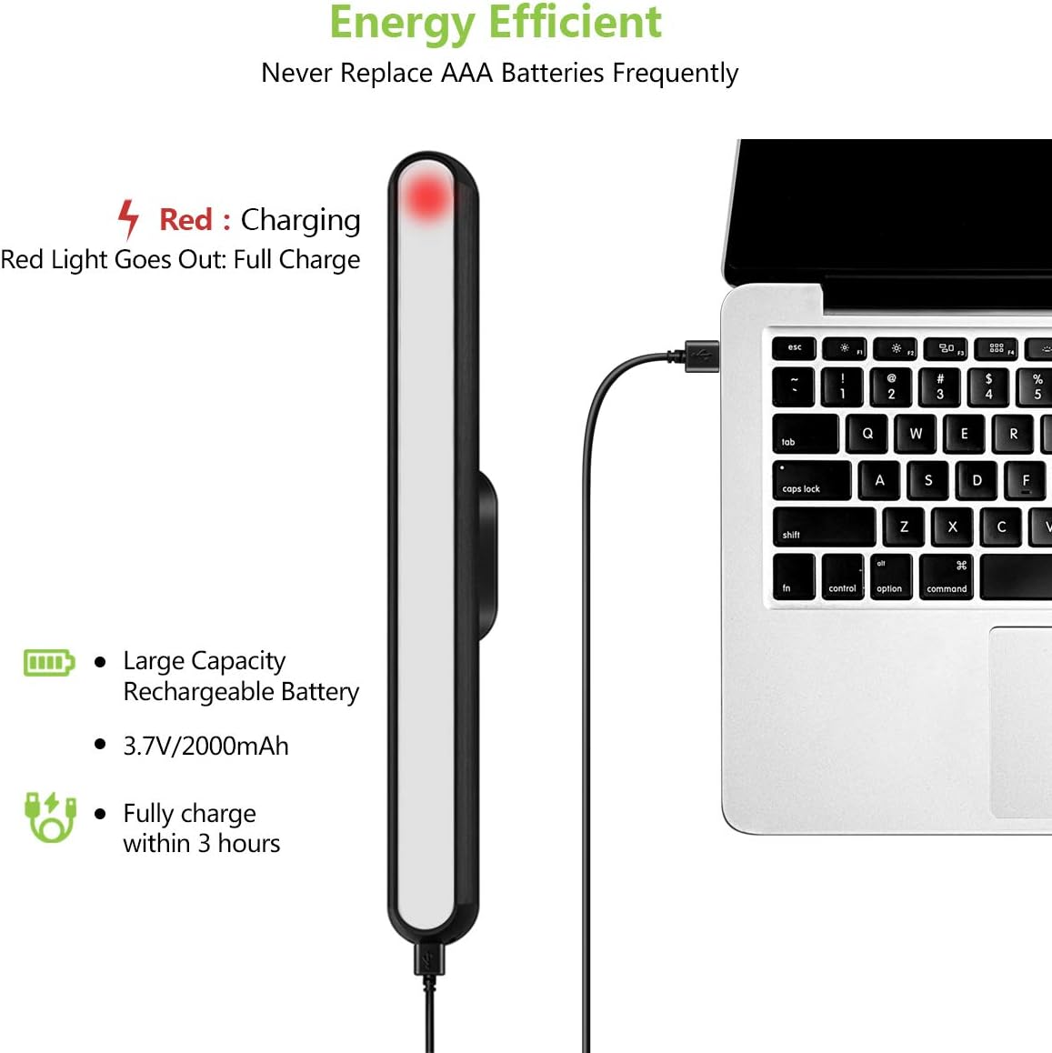 Schwarz-weiße Lichtleiste beim Laden, an Laptop angeschlossen. Enthält Ladeanzeigen.