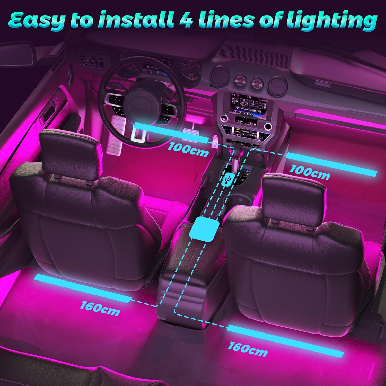 Autoinnenraum mit installierten rosa LED-Leuchten. Linien zeigen, wo sich die Lichter befinden. Schwarze Sitze.