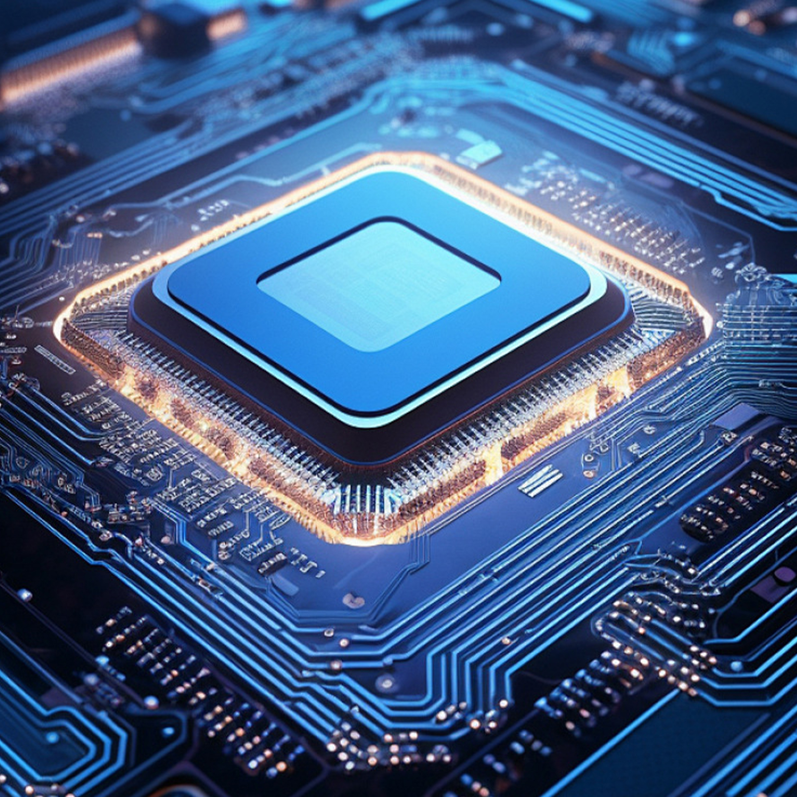 Nahaufnahme eines blauen Computerprozessors auf einer Platine mit blauen Schaltkreisen.