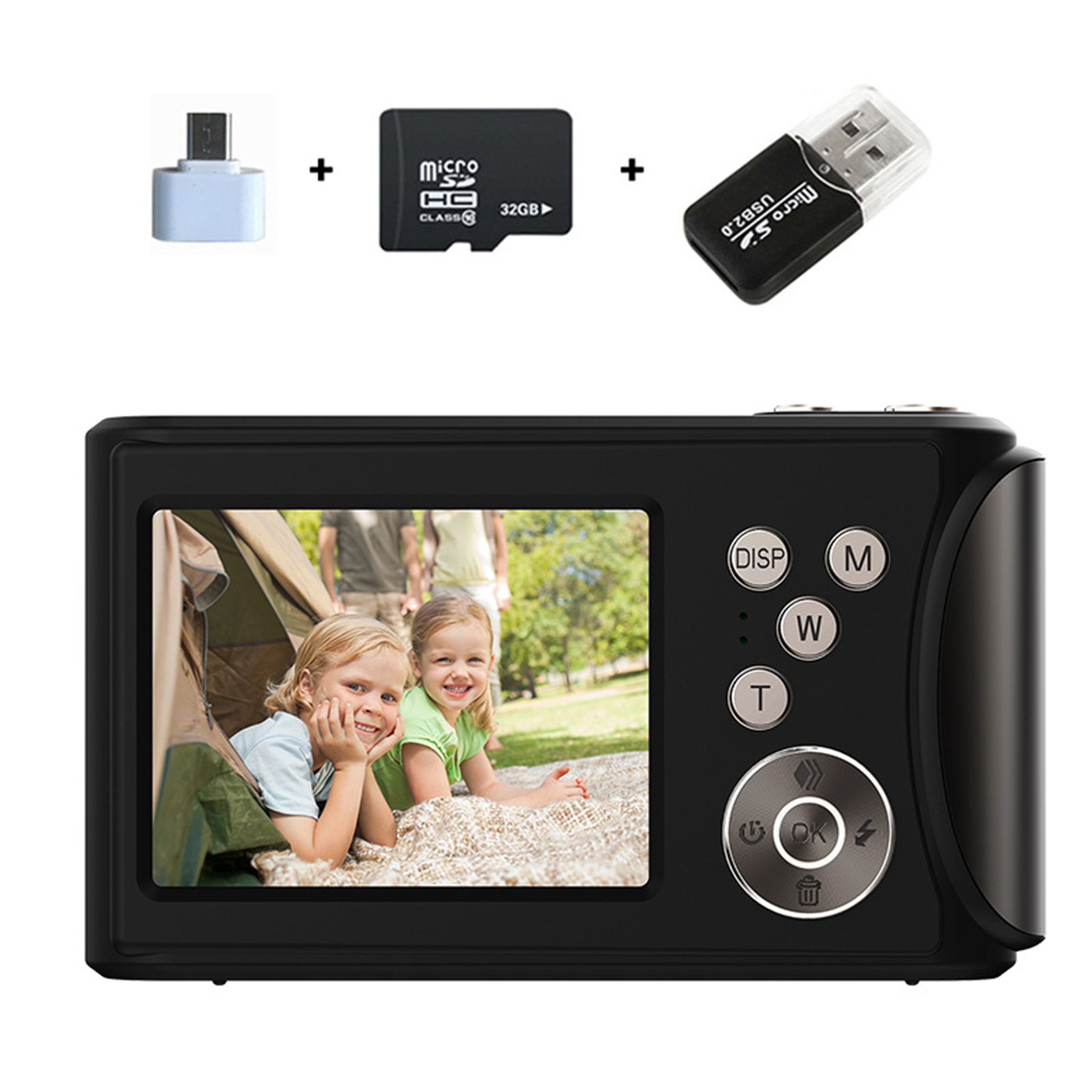 Eine schwarze Digitalkamera mit zwei Kindern auf dem Bildschirm. Zubehör ist ebenfalls enthalten.