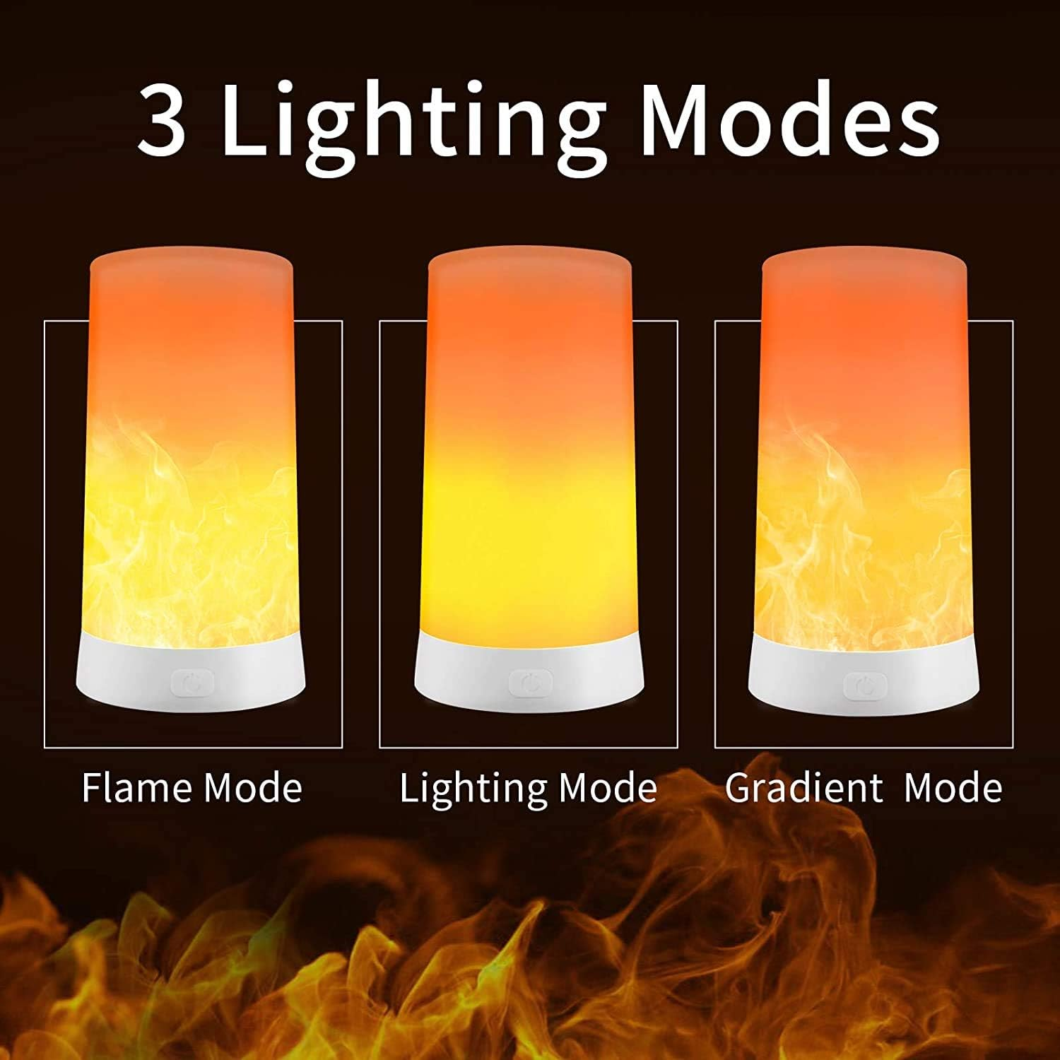 Drei Lampen, die verschiedene Flammeneffekte zeigen: Flammenmodus, Beleuchtungsmodus und Gradientenmodus. Jede hat eine weiße Basis.