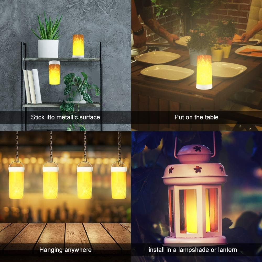 Vier Bilder zeigen verschiedene Verwendungen einer flammenförmigen Lampe. Verschiedene Orte.