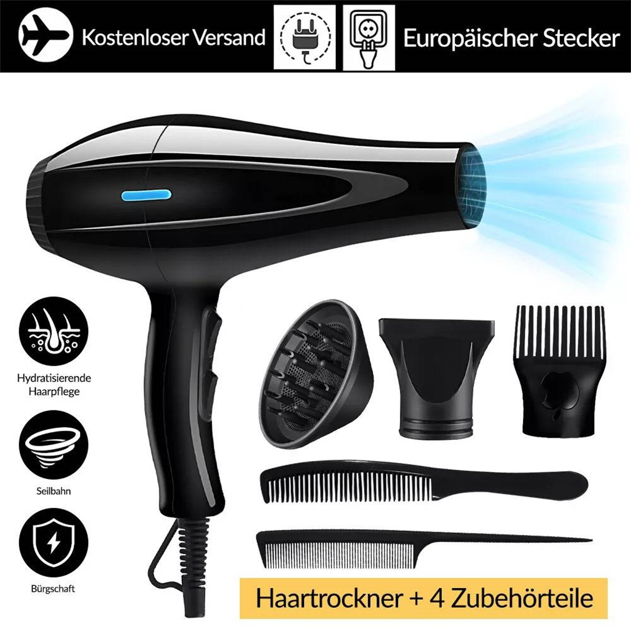 Ein schwarzer Haartrockner mit mehreren Aufsätzen und Zubehör, dargestellt auf weißem Hintergrund.