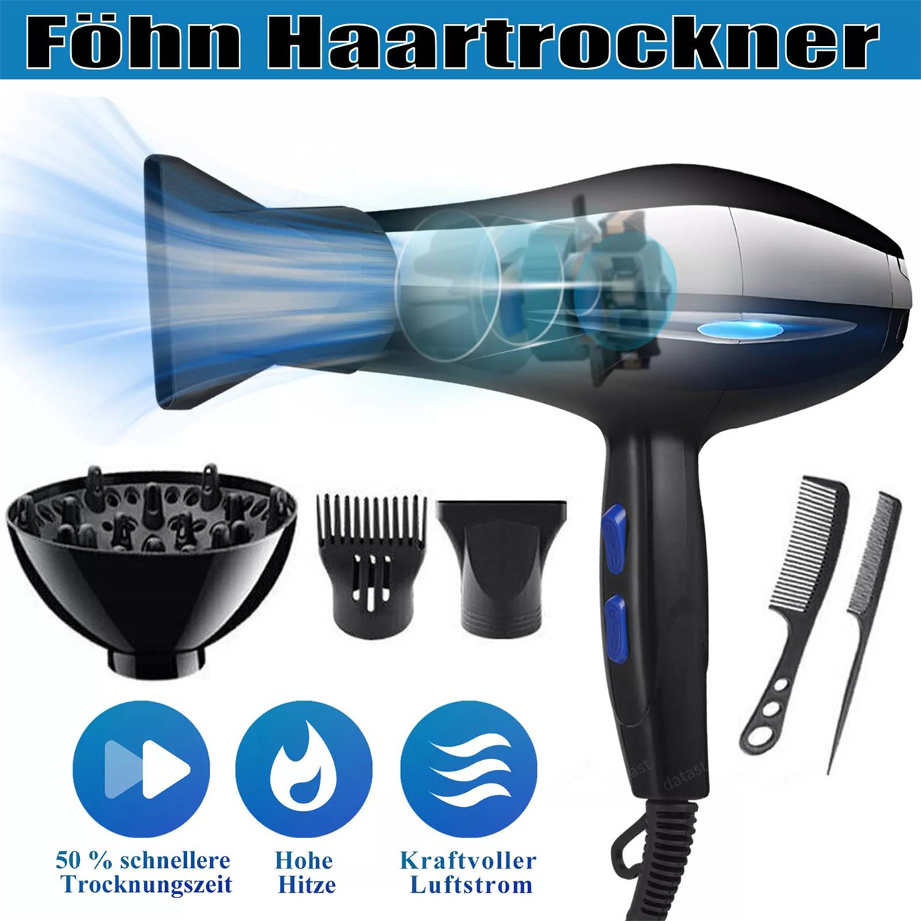 Ein schwarzer Haartrockner mit Aufsätzen und Symbolen für Funktionen wie Hitze und Luftstrom.