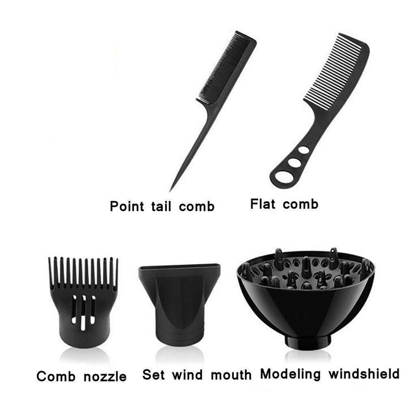 Schwarze Haarstyling-Werkzeuge: Spitzkamm, Flachkamm, Kammdüse, Windöffnung und Modellwindschutz.