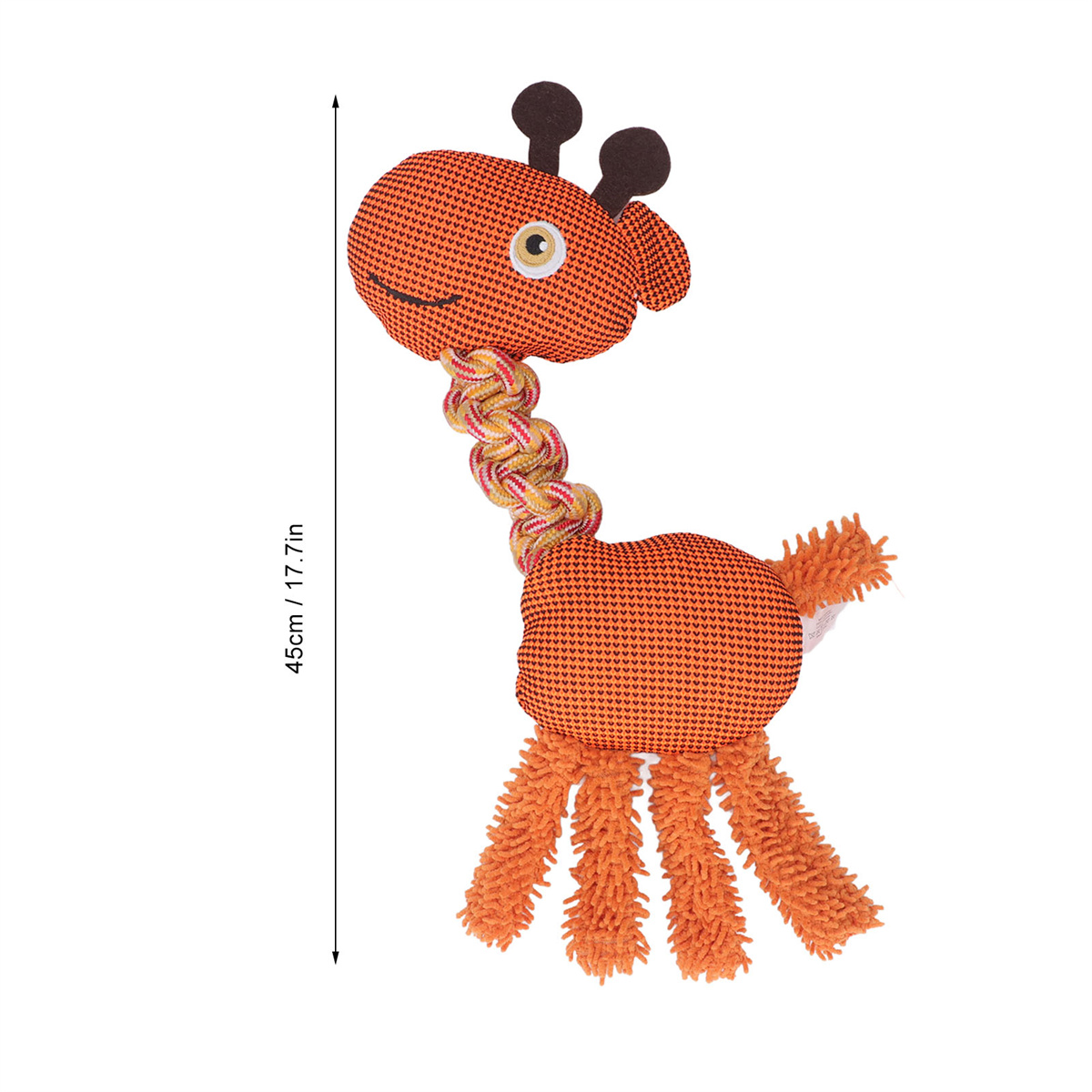Orangener Giraffen-Hundespielzeug mit Seil-Hals und hängenden orangefarbenen Beinen.